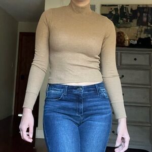 American Eagle Brown Long Sleeve Cropped Hey Baby Mock Neck Tee